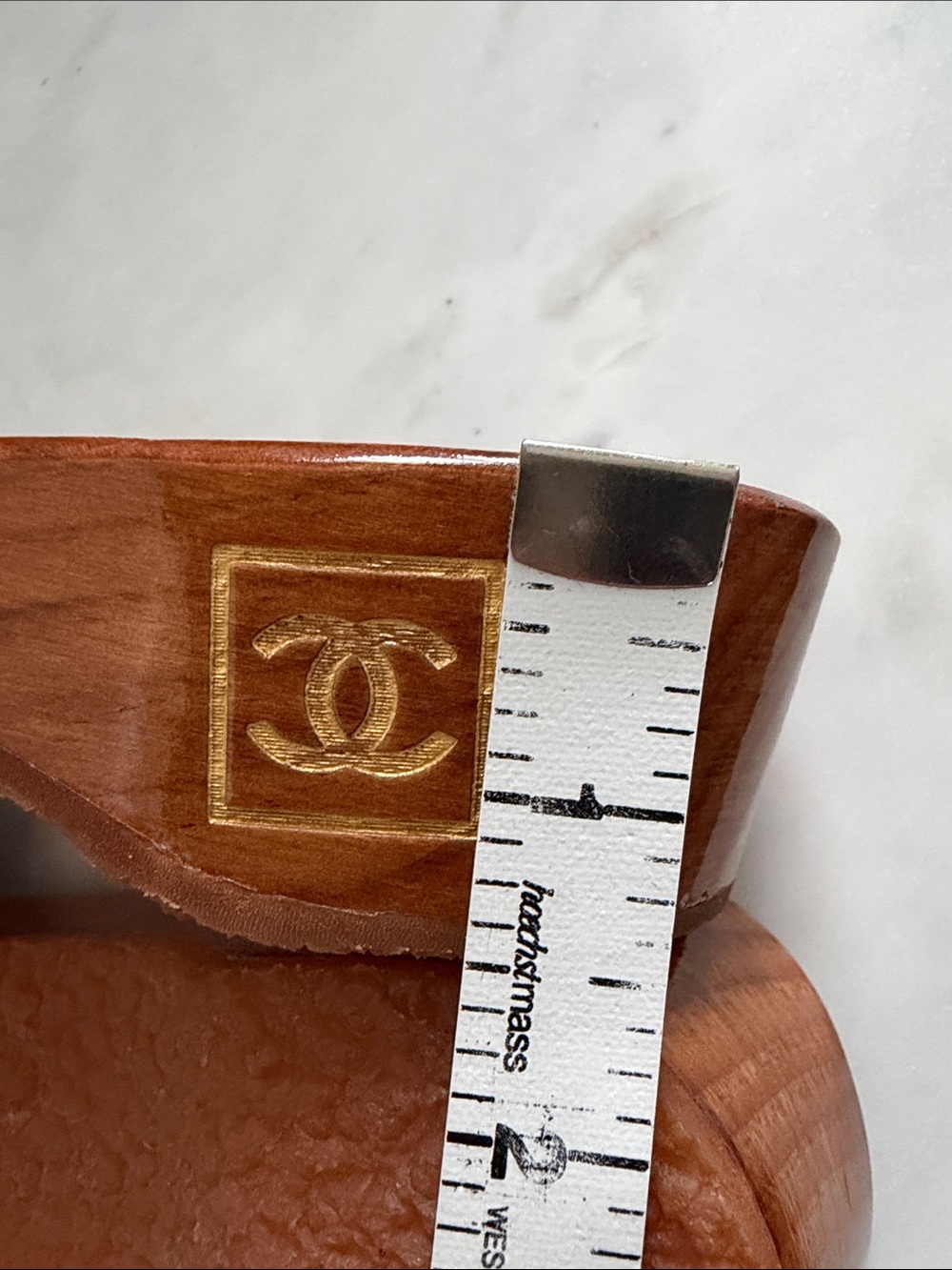 CHANEL interlocking Brown Wooden Wedge Slide Sandals with Gold CC Logo Size 36 - Picture 8 of 8